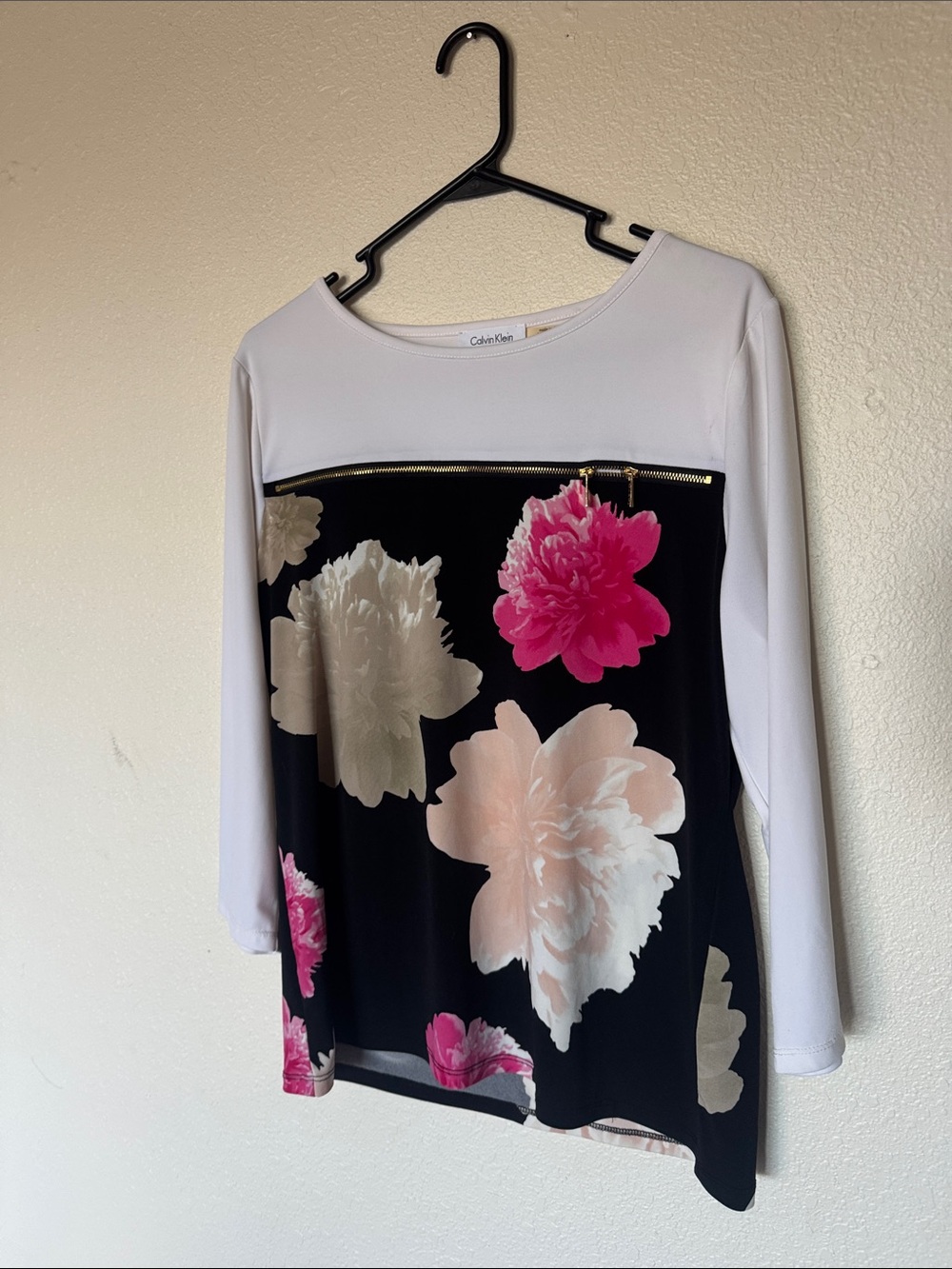 Calvin Klein White Long-Sleeve Top with Black Floral Front and Pink Accents